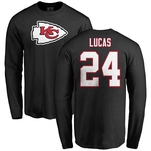 Men Kansas City Chiefs #24 Lucas Jordan Black Name and Number Logo Long Sleeve T-Shirt->nfl t-shirts->Sports Accessory